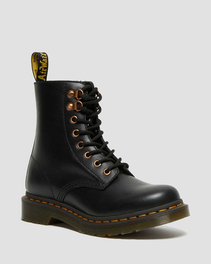 Dr Martens Womens 1460 Pascal Rose Gold Hardware Leather Lace Up Ankle Boots Black - 75012ERZT